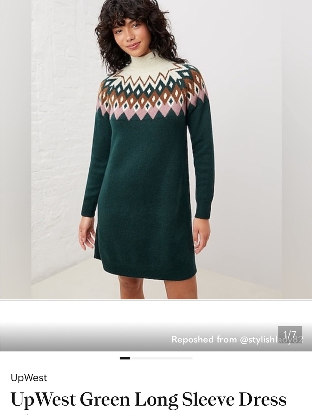 UpWest Forest Green Fair Isle Turtleneck Sweater Dress